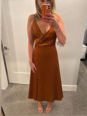 Jenny Yoo Satin Bridesmaid BECKETT V-Neck Tea Length Dress in COPPER